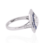 Art Deco Double Halo Round Cut White & Blue Sapphire Engagement Ring