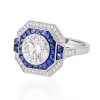 Art Deco Double Halo Round Cut White & Blue Sapphire Engagement Ring