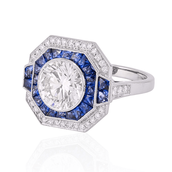 Art Deco Double Halo Round Cut White & Blue Sapphire Engagement Ring