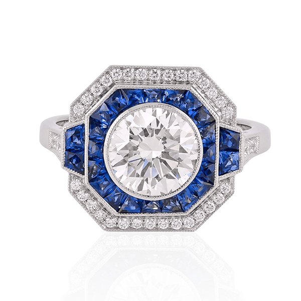 Art Deco Double Halo Round Cut White & Blue Sapphire Engagement Ring