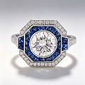 Art Deco Double Halo Round Cut White & Blue Sapphire Engagement Ring