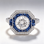 Art Deco Double Halo Round Cut White & Blue Sapphire Engagement Ring