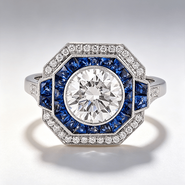 Art Deco Double Halo Round Cut White & Blue Sapphire Engagement Ring