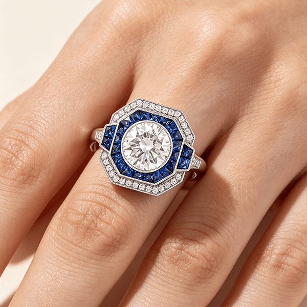 Art Deco Double Halo Round Cut White & Blue Sapphire Engagement Ring