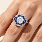 Art Deco Double Halo Round Cut White & Blue Sapphire Engagement Ring