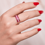 Yellow Gold Triple Row Asscher & Round Cut Ruby & White Sapphire Wedding Band For Women