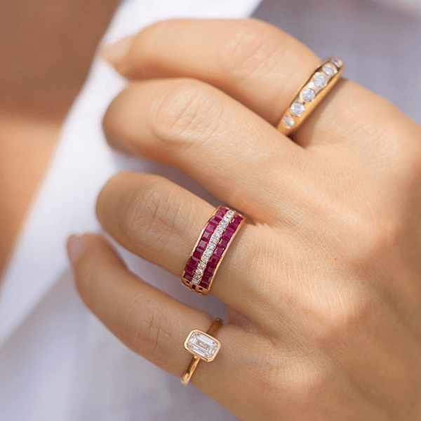 Yellow Gold Triple Row Asscher & Round Cut Ruby & White Sapphire Wedding Band For Women