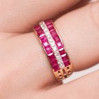 Yellow Gold Triple Row Asscher & Round Cut Ruby & White Sapphire Wedding Band For Women