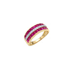 Yellow Gold Triple Row Asscher & Round Cut Ruby & White Sapphire Wedding Band For Women