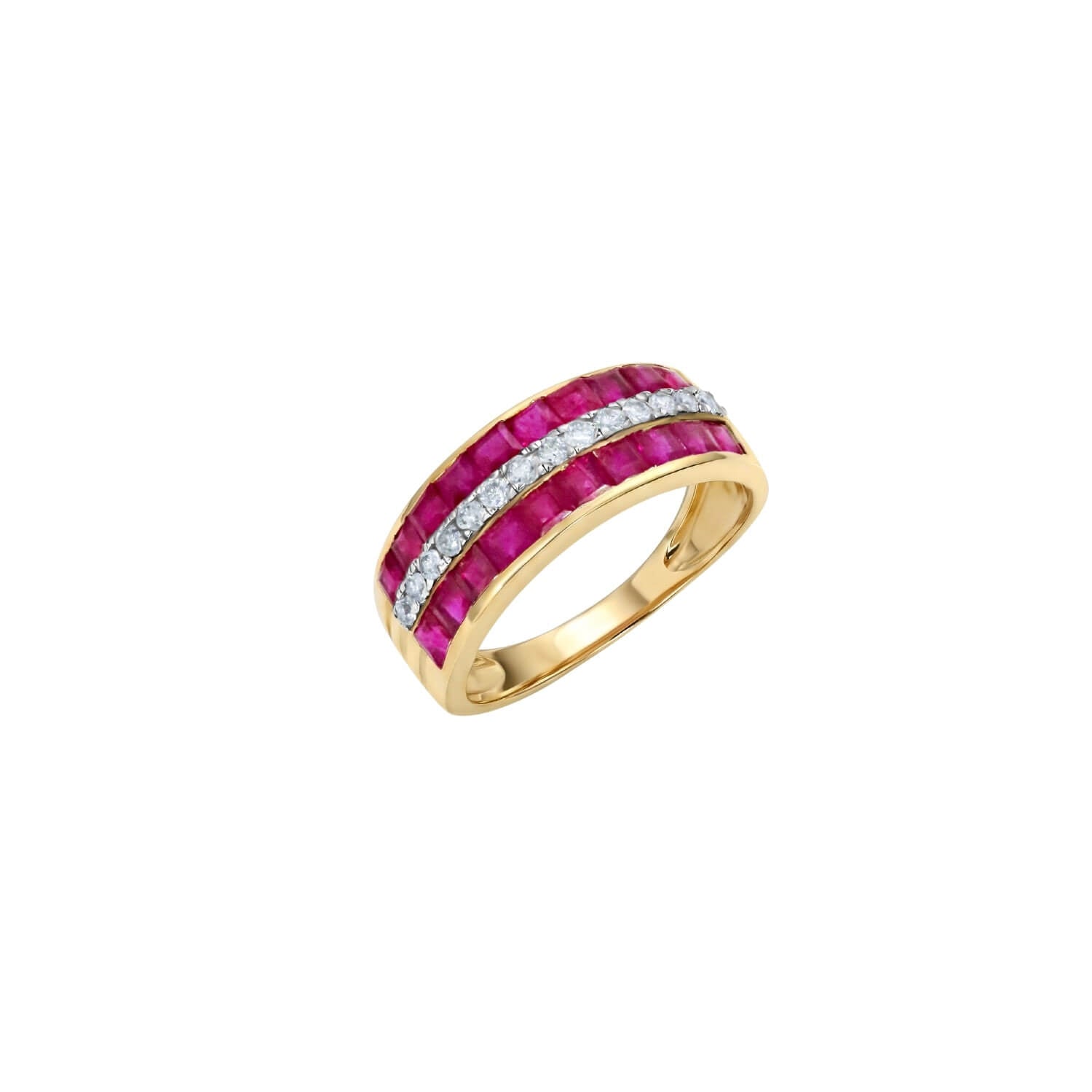 Yellow Gold Triple Row Asscher & Round Cut Ruby & White Sapphire Wedding Band For Women