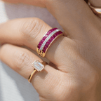 Yellow Gold Triple Row Asscher & Round Cut Ruby & White Sapphire Wedding Band For Women