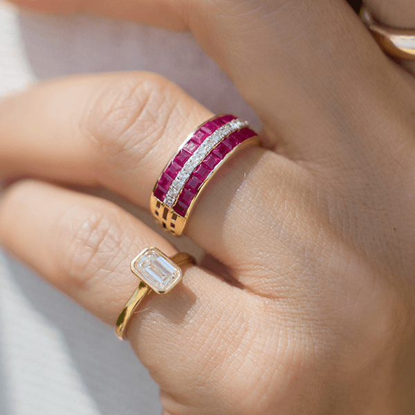 Yellow Gold Triple Row Asscher & Round Cut Ruby & White Sapphire Wedding Band For Women