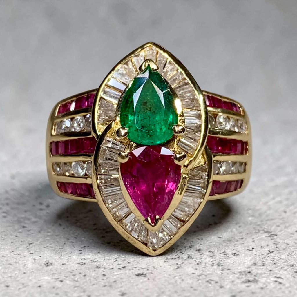 Luxury Jewelry Yellow Gold Halo Pear Cut Emerald & Ruby Sapphire Engagement Ring