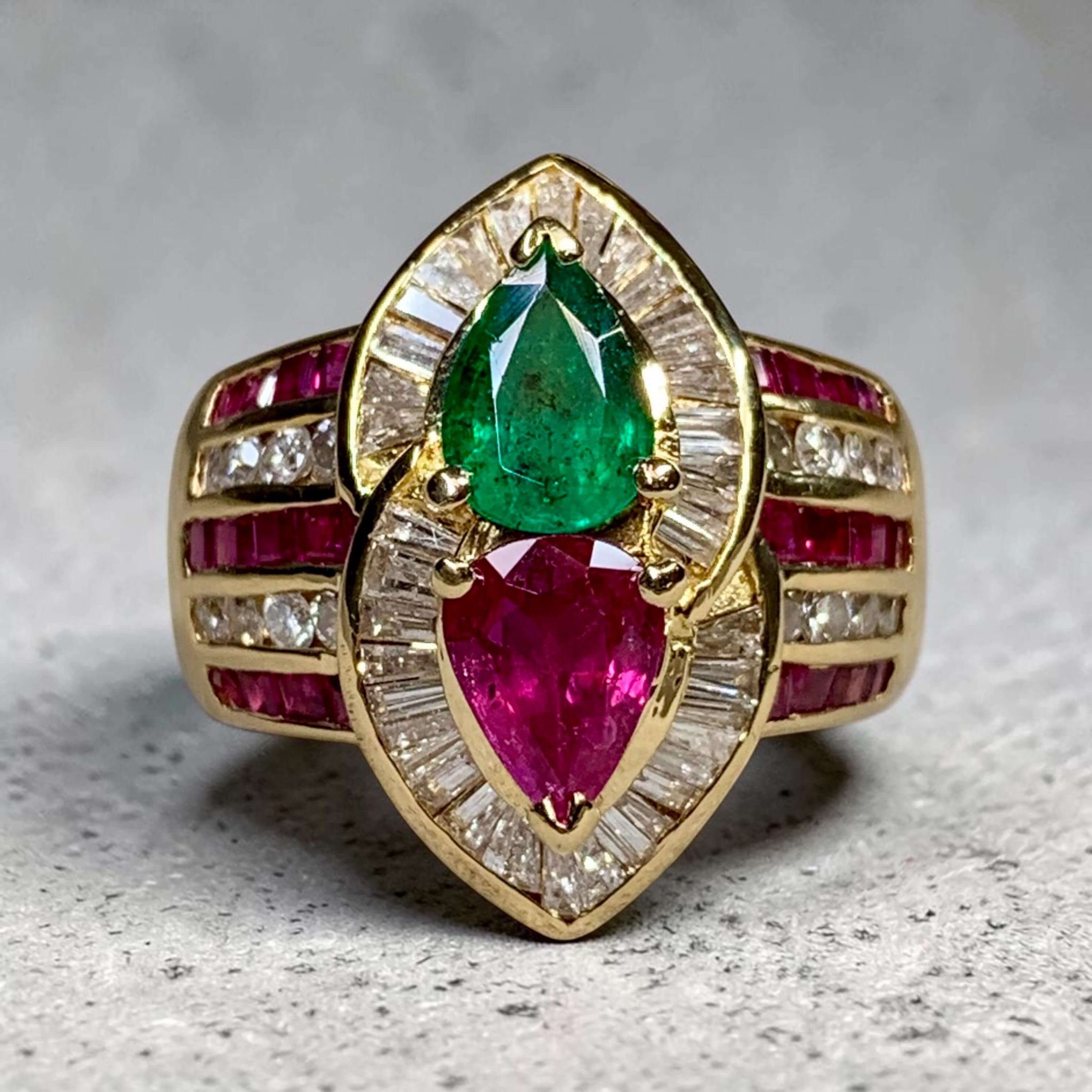 Luxury Jewelry Yellow Gold Halo Pear Cut Emerald & Ruby Sapphire Engagement Ring