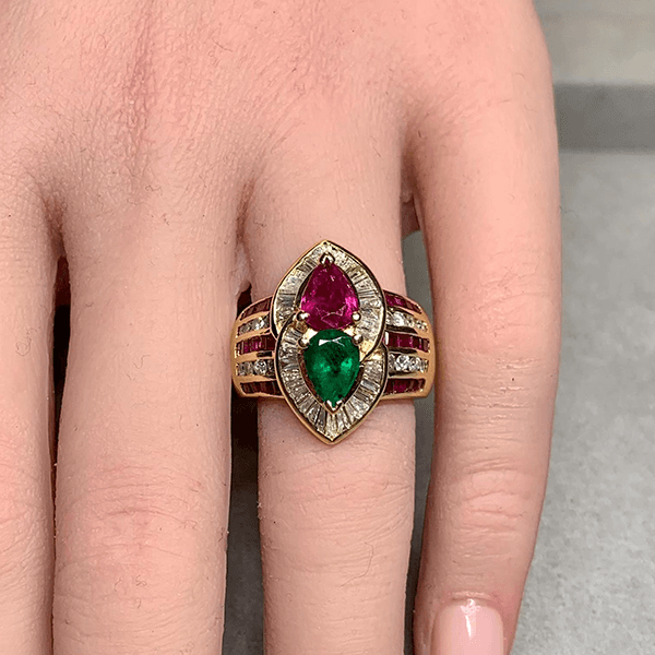 Luxury Jewelry Yellow Gold Halo Pear Cut Emerald & Ruby Sapphire Engagement Ring