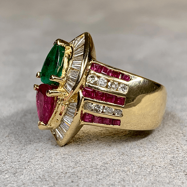 Luxury Jewelry Yellow Gold Halo Pear Cut Emerald & Ruby Sapphire Engagement Ring