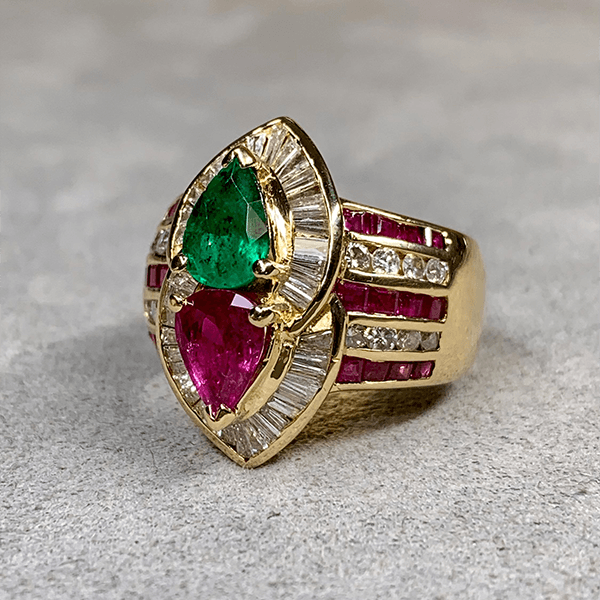 Luxury Jewelry Yellow Gold Halo Pear Cut Emerald & Ruby Sapphire Engagement Ring