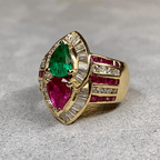 Luxury Jewelry Yellow Gold Halo Pear Cut Emerald & Ruby Sapphire Engagement Ring