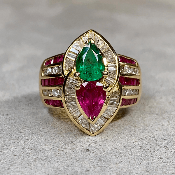 Luxury Jewelry Yellow Gold Halo Pear Cut Emerald & Ruby Sapphire Engagement Ring