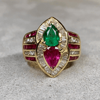 Luxury Jewelry Yellow Gold Halo Pear Cut Emerald & Ruby Sapphire Engagement Ring