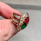 Luxury Jewelry Yellow Gold Halo Pear Cut Emerald & Ruby Sapphire Engagement Ring