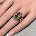 Luxury Jewelry Yellow Gold Halo Pear Cut Emerald & Ruby Sapphire Engagement Ring