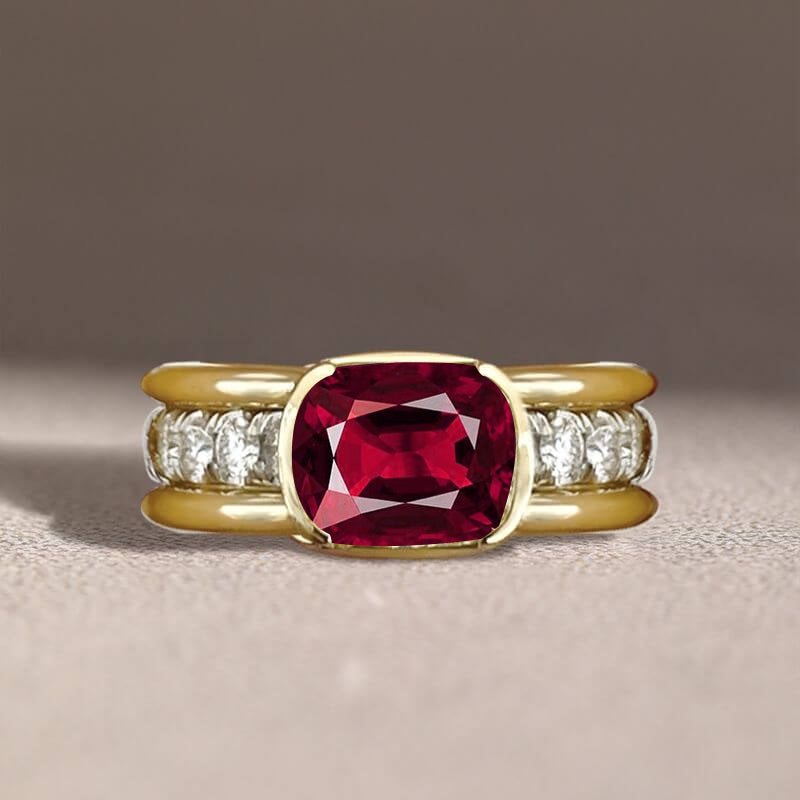 Elegant Bezel Cushion Cut Ruby Sapphire Engagement Ring In Yellow Gold