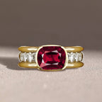 Elegant Bezel Cushion Cut Ruby Sapphire Engagement Ring In Yellow Gold