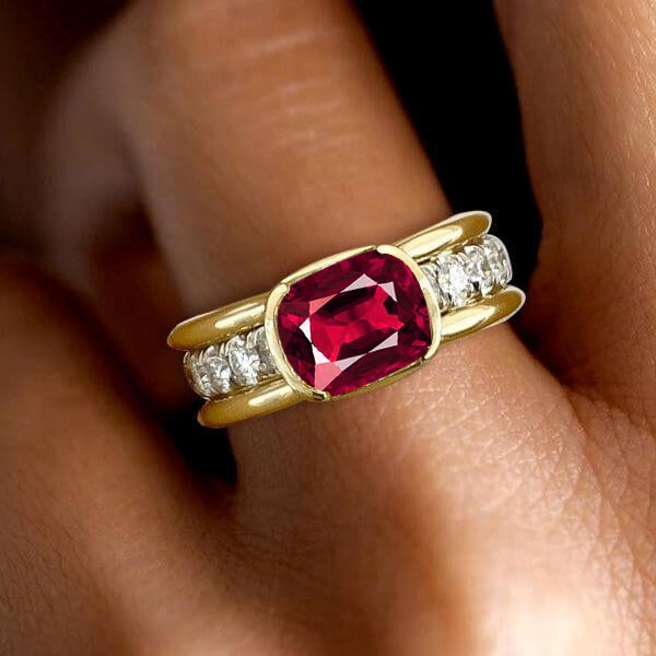 Elegant Bezel Cushion Cut Ruby Sapphire Engagement Ring In Yellow Gold