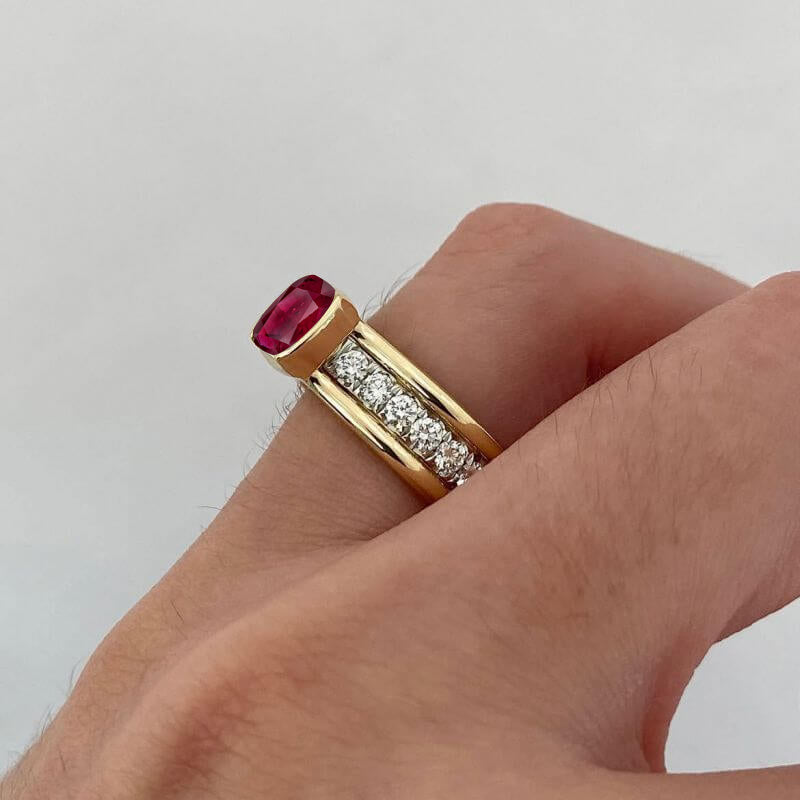 Elegant Bezel Cushion Cut Ruby Sapphire Engagement Ring In Yellow Gold