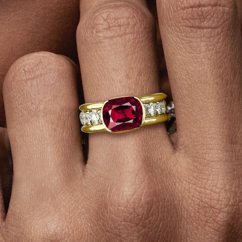 Elegant Bezel Cushion Cut Ruby Sapphire Engagement Ring In Yellow Gold