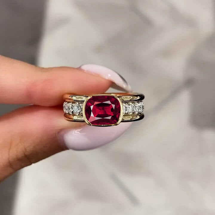 Elegant Bezel Cushion Cut Ruby Sapphire Engagement Ring In Yellow Gold
