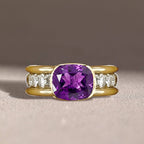 Elegant Bezel Cushion Cut Amethyst Sapphire Engagement Ring In Yellow Gold