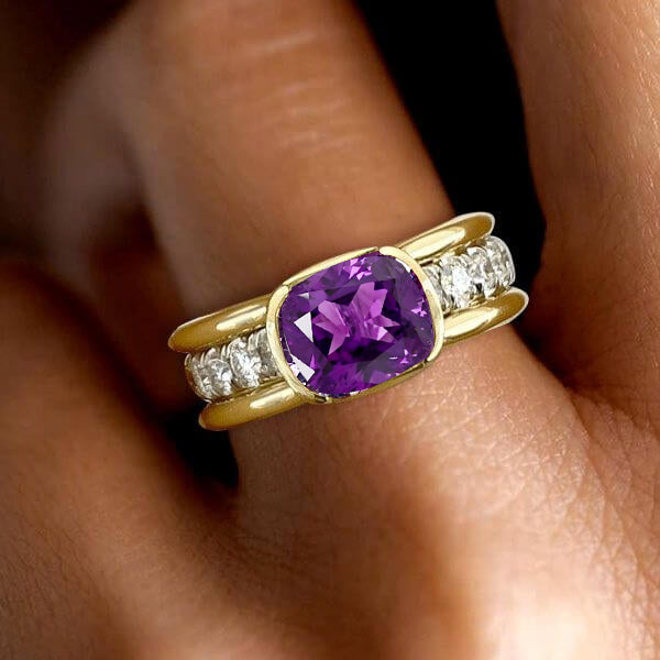 Elegant Bezel Cushion Cut Amethyst Sapphire Engagement Ring In Yellow Gold