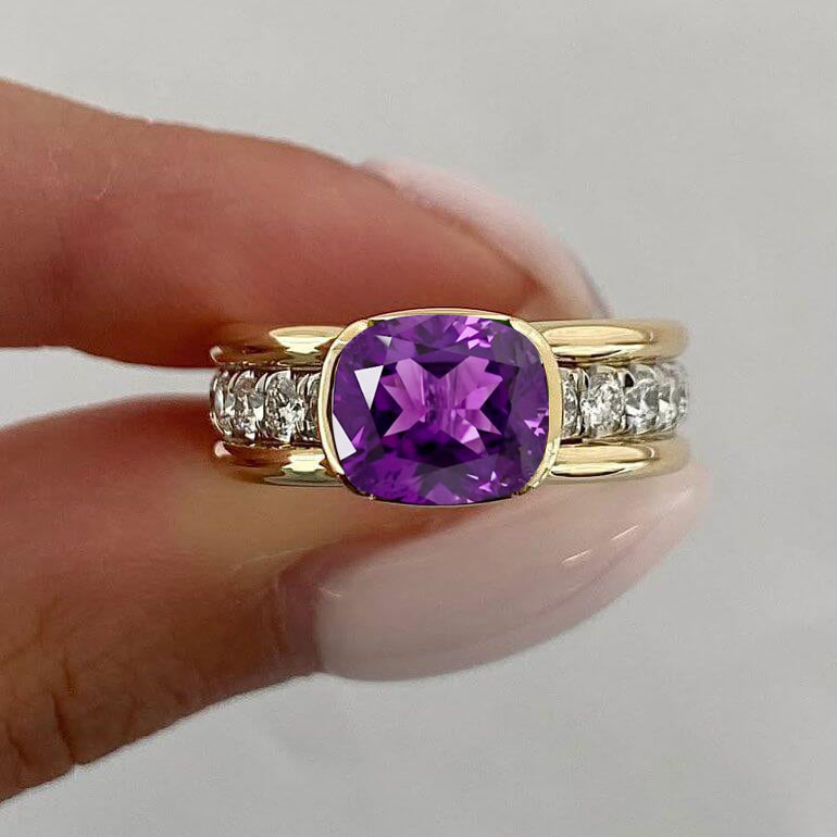 Elegant Bezel Cushion Cut Amethyst Sapphire Engagement Ring In Yellow Gold