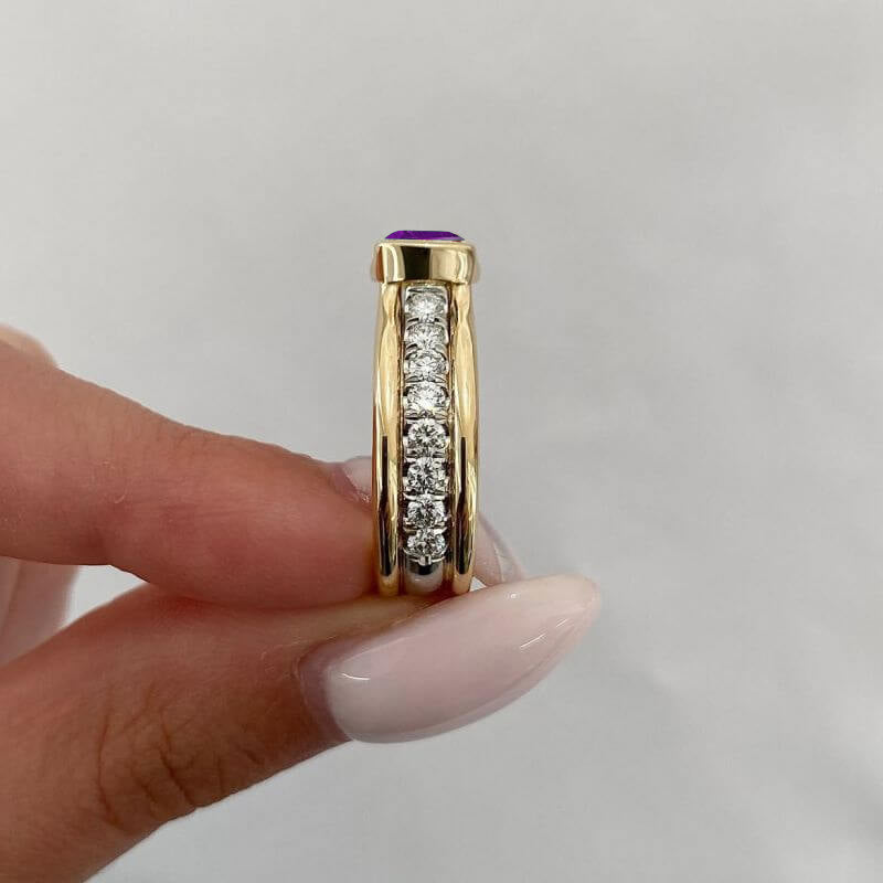 Elegant Bezel Cushion Cut Amethyst Sapphire Engagement Ring In Yellow Gold