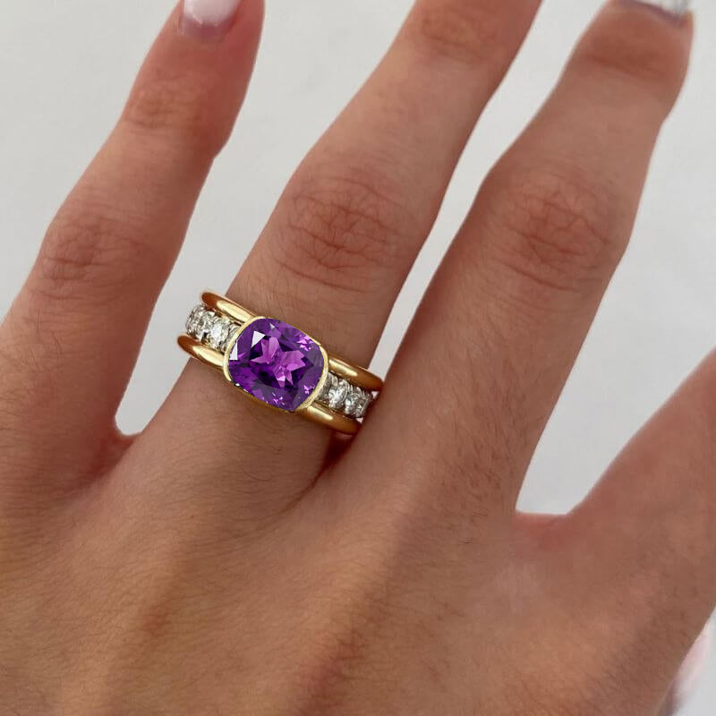 Elegant Bezel Cushion Cut Amethyst Sapphire Engagement Ring In Yellow Gold