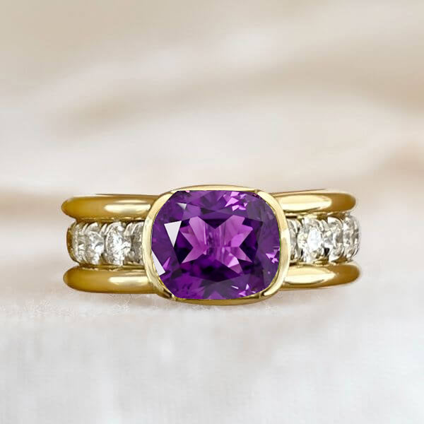 Elegant Bezel Cushion Cut Amethyst Sapphire Engagement Ring In Yellow Gold