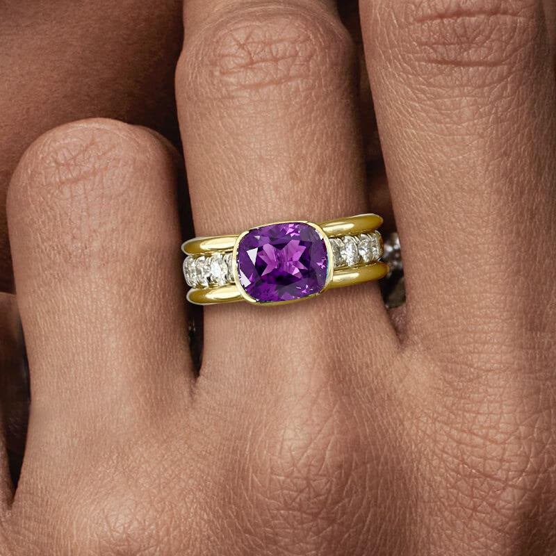 Elegant Bezel Cushion Cut Amethyst Sapphire Engagement Ring In Yellow Gold