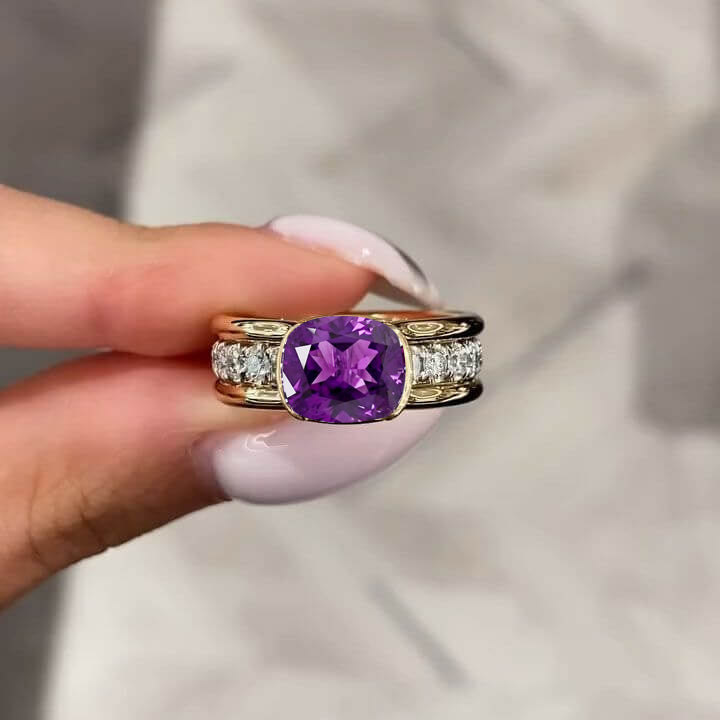 Elegant Bezel Cushion Cut Amethyst Sapphire Engagement Ring In Yellow Gold
