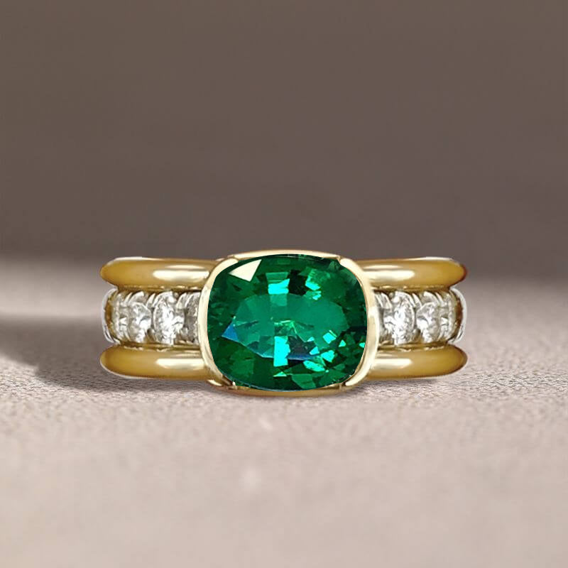 Elegant Bezel Cushion Cut Emerald Sapphire Engagement Ring In Yellow Gold