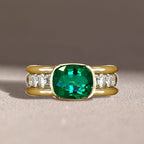 Elegant Bezel Cushion Cut Emerald Sapphire Engagement Ring In Yellow Gold