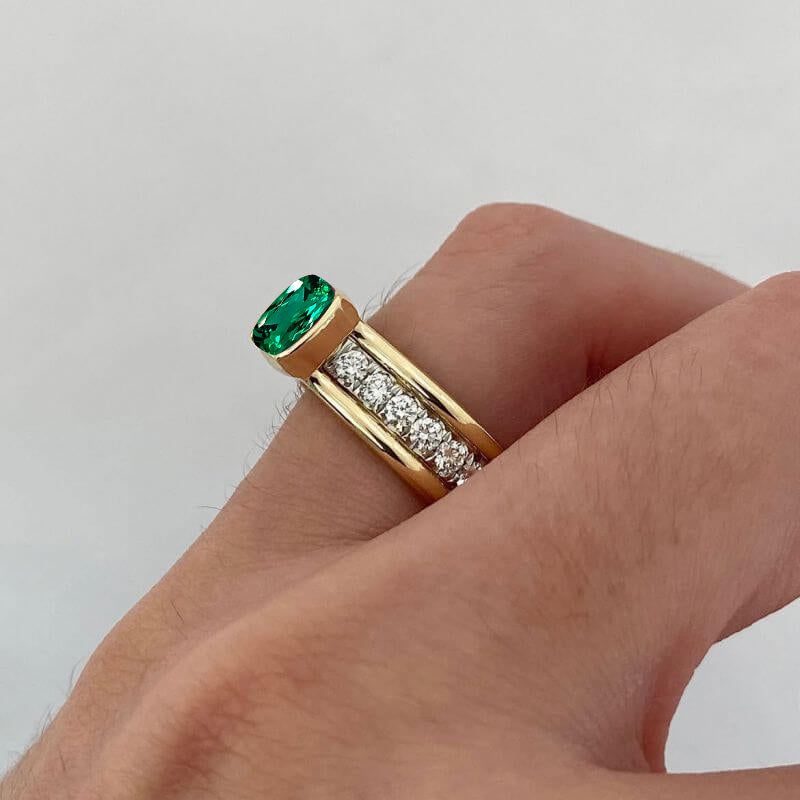 Elegant Bezel Cushion Cut Emerald Sapphire Engagement Ring In Yellow Gold