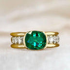 Elegant Bezel Cushion Cut Emerald Sapphire Engagement Ring In Yellow Gold
