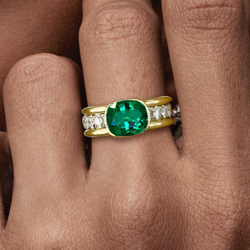 Elegant Bezel Cushion Cut Emerald Sapphire Engagement Ring In Yellow Gold