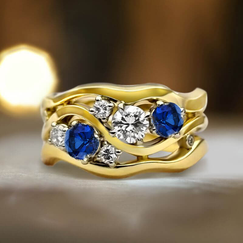 Wide Wave Shape Golden Round Cut Blue & White Sapphire Wedding Band Ring
