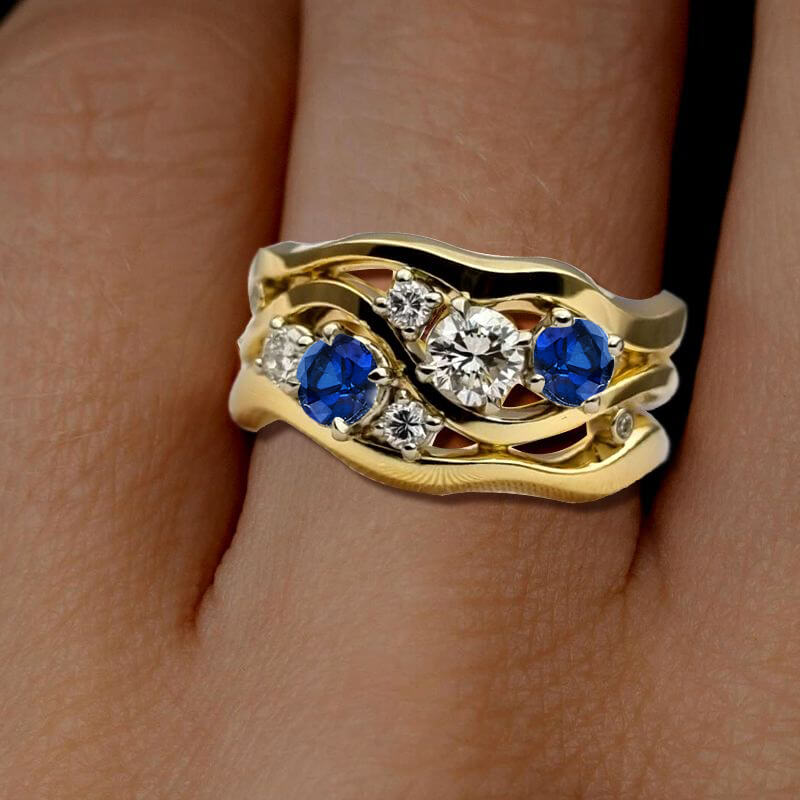Wide Wave Shape Golden Round Cut Blue & White Sapphire Wedding Band Ring