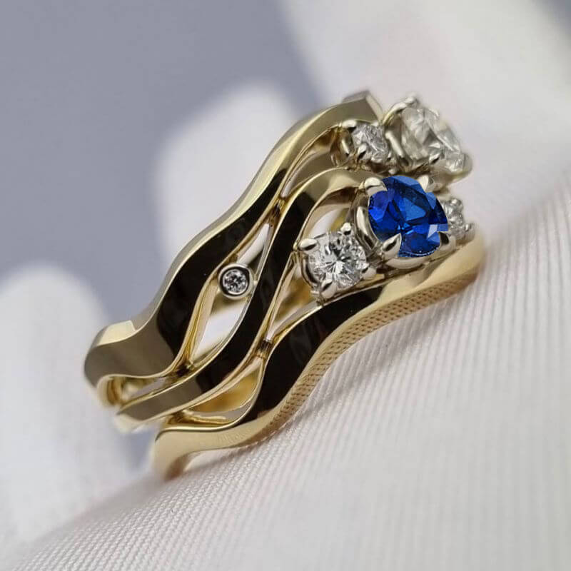 Wide Wave Shape Golden Round Cut Blue & White Sapphire Wedding Band Ring