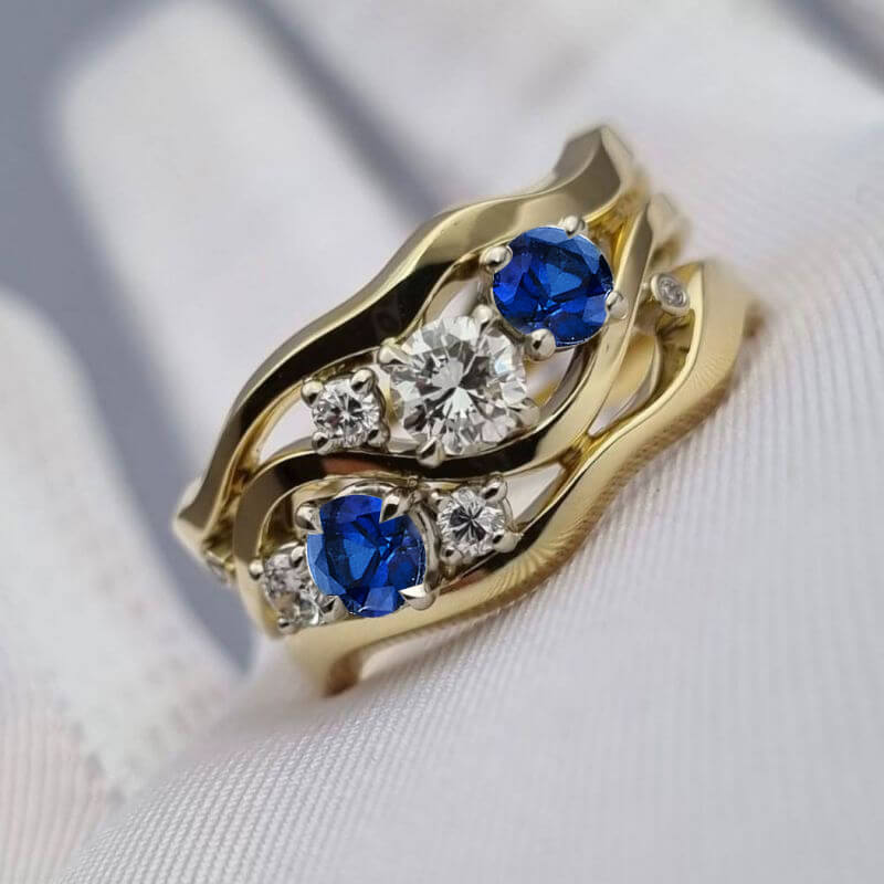 Wide Wave Shape Golden Round Cut Blue & White Sapphire Wedding Band Ring