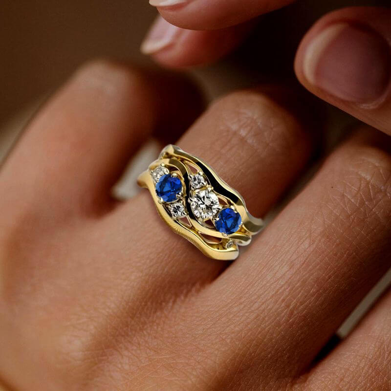 Wide Wave Shape Golden Round Cut Blue & White Sapphire Wedding Band Ring